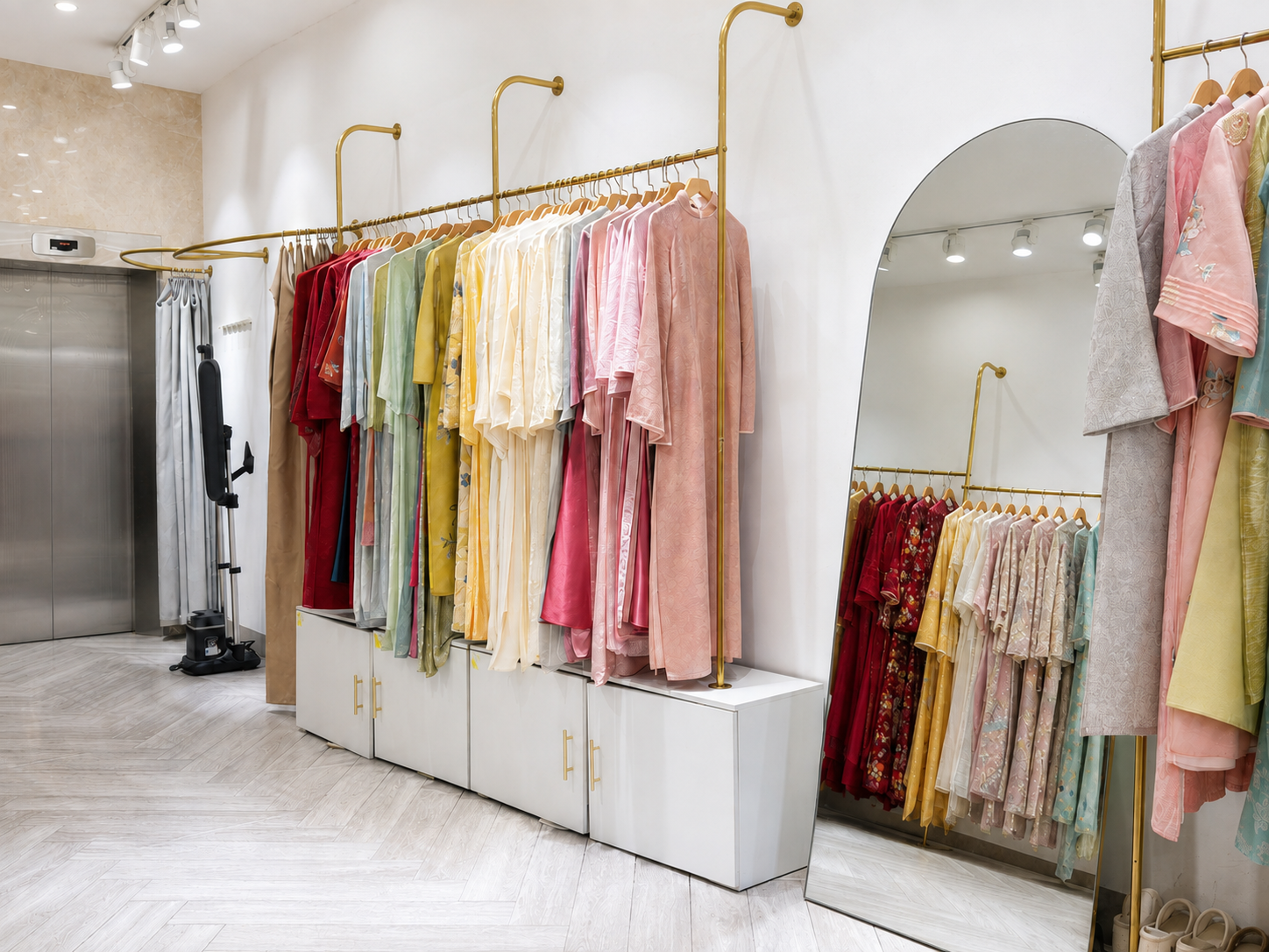 Không gian showroom Nami Closet với giá treo áo dài đa sắc màu